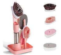 Cpolebev per La Pulizia dei Piatti-Erogatore di Sapone Set di Spazzole per Piatti e 4 Testine di Ricambio Portaoggetti per per Pentole e Padelle-Rosa