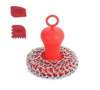 Cpolebev Scrubber per di Maglia In Ghisa + Raschietto per Pentole, Detergente per Padelle In Acciaio Inossidabile, Raschietto per Padelle In Ghisa, Rosso Durevole