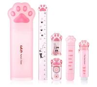 Cpolebev Set di Cancelleria per Zampe di Gatto Carino, 6 Pezzi Kit Stazionario per Gatti Kawaii Temperamatite Gomma Retrattile Nastro di Correzione Righello Durevole