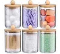 Cpolebev Set di Dispenser con Supporto da 6 Confezioni con Coperchi in bambù, Accessori per Contenitori da Bagno, Organizer Trasparente