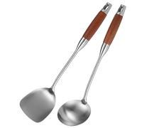 Cpolebev Spatola in Acciaio Inossidabile per Acciaio al Carbonio, Spatola per Wok in Acciaio Inossidabile in Metallo, Set di Strumenti per Wok, Mestolo per Zuppa con Manico in Legno Riutilizzabile