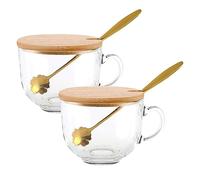 Cpolebev Tazze da caffè Bicchieri Trasparenti con Manico, con Coperchi in bambù e Cucchiai di Fiori di Ciliegio, per tè, Cereali, Yogurt