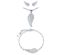 CPSLOVE Collana Bracciale e Orecchini con ali d'angelo da donna, Set di gioielli di ali d'angelo, Collana pendente bracciale e Orecchini in argento 925, Zircone intarsiato, Lunghezza catena regolabile