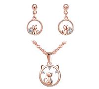 CPSLOVE Collana e Orecchini Oro rosa da Donna, Parure di Gioielli in Argento 925, Eleganti Collane di Gatti, Orecchini di Gatto Carino, Zircone intarsiato