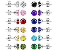 CPSLOVE Orecchini da Donna in Acciaio Inossidabile Orecchini a lobo a Quattro Griffe di Zirconi 12 Paia Orecchini Solitari Orecchini a Perno con 8mm Zirconi Colorati da Uomo
