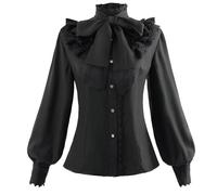 CR ROLECOS Camicetta vittoriana da donna a maniche lunghe camicetta gotica vintage medievale camicia volant pizzo button down top, Nero , M