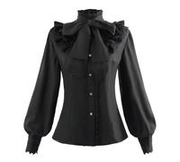 CR ROLECOS Camicetta vittoriana gotica camicia con bottoni camicetta con maniche a sbuffo top vampiro camicetta da donna M, Nero-1, XXL