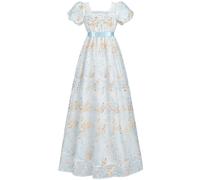 CR ROLECOS Regency Dress Jane Austen Dresses - Abito da tè vittoriano, colore: bianco, Blu floreale., S