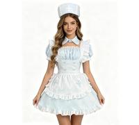 CR ROLECOS Vestito da cameriera da donna, blu e bianco, vestito da infermiera con grembiule e cappello, 4 pezzi, costume da cameriera Lolita, taglie forti, L