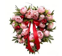 Crabop Ghirlanda di peonie artificiali, 40 cm, in seta, rosa, a forma di cuore, base in rattan, decorazione da appendere alla porta, per casa, giardino, ingresso, portico