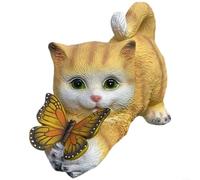 Crabop Statua solare da giardino a forma di gatto, con farfalla, in resina, decorazione per esterni, si accende automaticamente al crepuscolo, resistente alle intemperie, decorazione per prato, patio