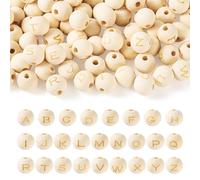 Crafans 104 perline europee in legno grezzo con lettere dalla A alla Z, 14 mm, rotonde, con foro grande, distanziatori, per braccialetti fai da te, creazione di gioielli