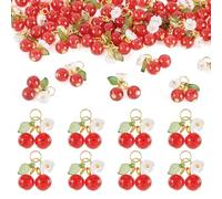 Crafans 40 ciondoli in vetro a forma di ciliegia rossa con foglie dorate, graziosi ciondoli in vetro a forma di frutta, per collane fai da te, orecchini, ornamenti da appendere, creazione di gioielli