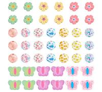 Crafans 75 perline distanziali in legno naturale a forma di farfalla e fiore, dipinte a spruzzo, foro grande, 15 mm, perline rotonde in legno con motivi floreali per la creazione di gioielli pasquali