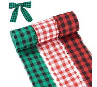 Crafans Nastro scozzese in cotone e lino sfilacciato, 15 m, 40 mm, rosso e verde, a quadri, con bordi grezzi, per accessori per abbigliamento, confezione regalo, decorazione per feste di Natale