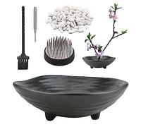 CRAFFANCY Vaso per Fiori in Ceramica Irregolare Kenzan con Spilla da 4,6 cm e Perline in Pietra Decorativa Bianca da 100 g, Vaso da Fiori Nero per Ikebana