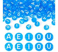 Craftdady 100 perline in acrilico con lettere vocali, 7 mm, blu, piatte, rotonde, a disco, con lettere dell'alfabeto, A/E/I/O/U, trasparenti, per braccialetti dell'amicizia, creazione di gioielli