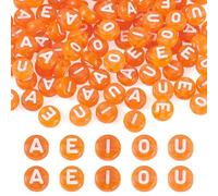 Craftdady 100 perline in acrilico, lettere vocali, 7 mm, arancioni, piatte, rotonde, a disco, con lettere dell'alfabeto, A/E/I/O/U, trasparenti, per braccialetti dell'amicizia, creazione di gioielli
