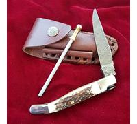 Craftomatik Coltello tascabile in acciaio damascato, coltello pieghevole Laguiole, corno di cervo, acciaio inox, manico in ottone, realizzato a mano, coltello damascato per esterni, FK03