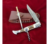Craftomatik Coltello tascabile in acciaio damascato Laguiole | Corno di cervo, manico in acciaio inox con cavatappi | FK22