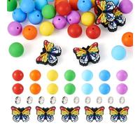Craftora 50 perline rotonde in silicone a forma di farfalla, color arcobaleno, perline focali in gomma, perline distanziali per fai da te, portachiavi, collane, bracciali e gioielli