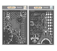 CrafTreat Mixed Media Stencils for Crafts Reusable Vintage - Clock and Key & Eiffel Tower Script (2Pcs) - Size: A4 Each - French Script Stencils for Mixed Media - Eiffel Tower Stencil for Painting