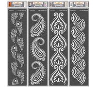 CrafTreat Paisley Stencils for Painting on Wood, Paper, Floor and Wall - Peacock Feathers Border, Paisley Border, Border VII and Border VIII - 4 Pcs - 3x12 Inches Each - Reusable DIY Craft Stencils