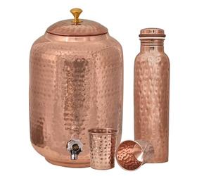 CRAFTS STUDIO Distributore d'acqua in rame da 8 litri e 2 bicchieri con set di bottiglie d'acqua, martellato a mano, soluzione ayurvedica per l'idratazione