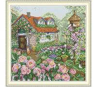 Craftstitch Kit per Ricamo a Punto Croce con Disegno Stampato, Completo di Filo e Ago - Ideale per Bambini e Principianti-Il Rose Cottage 48cm×48cm