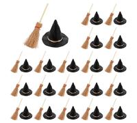 CRAFTYMELODY 20 mini scope in legno di Halloween e 20 mini cappelli da strega in miniatura con corda rossa in PVC nero cappello da strega per feste di Halloween, streghe, casa delle bambole fingendo