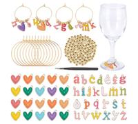 CRAFTYMELODY Ciondoli per bicchieri da vino fai da te, tra cui 50 perline in lega smaltata a forma di cuore, 52 perline a forma di lettera, 100 perline rotonde in ottone, 50 anelli per ciondoli per