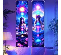 CRAFTYMELODY Confezione da 2 arazzi con luce nera con sette chakra, per yoga e meditazione, fosforescenti al buio, fiori chakra, arazzo da parete reattivo ai raggi UV, con corda