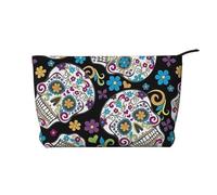 Cranio con fiori (1) chiusura a cerniera borsa trucco velluto a coste organizzatore multifunzionale 22x7x17cm per viaggi campeggio vacanze fitness, Nero , Taglia unica