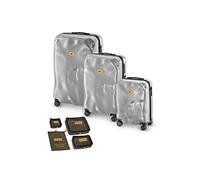 CRASH BAGGAGE - ICON SET e EASY LIFE KIT, Combo di 3 Trolley da Viaggio, Cabin, Medium, Large e Organizer Valigia, Colore Silver e Green