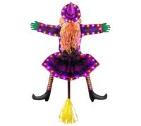 Crashing Witch Decorations, LED Lighted Flying Halloween Prop with Bright Details, Decorative Witches Ornament for Haunted House Porch Lawn Garden Patio or Party Display Setup