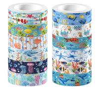 CRASPIRE 12 Rotolo di Nastro Adesivo Decorativo con Animali Marini Creature dell'Oceano Tartarughe Stelle Marine Pesci Coralli Meduse Mondo Sottomarino Nastri con Vita Marina per Diario Scrapbooking