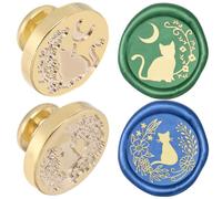 CRASPIRE 2 Pezzo Sigillo di Cera Timbro Testa Gatto Rimovibile Animale Fiore Luna Sigillo Timbro Testa in Ottone per Buste Regalo Creative Inviti Biglietti Decorazione Fai da Te Scrapbooking