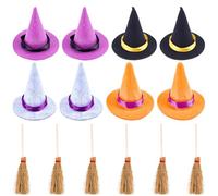 CRASPIRE 22 pz Mini Cappelli da Strega Nero Viola Arancione Grigio Feltro Piccole Scope Scopa Manico Decorazioni di Halloween Poliestere per Miniature Mago Casa delle Bambole Bomboniere per Feste