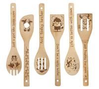 CRASPIRE 6 Cucchiaio di Legno A Forma di Mucca con Scritta Bovini Mucche delle Highlands con Parole Carine da Cucina Stoviglie in bambù per Cucinare Intagliato Bruciato con Spatole Forate