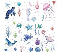 CRASPIRE Adesivi Murali Animali Marini PVC Decalcomanie Autoadesive Impermeabili Tartarughe Cavallucci Marini Conchiglie Meduse Rettangolo 8 Foglio 8 Stili Rimovibili per Finestra Scala Decorazione