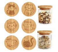CRASPIRE Coperchi in Legno di bambù per Vasetti di Yogurt Adatti A 2" Barattolo di Conserve Simpatici Gatti Riutilizzabili Tappi Decorativi in Legno Naturale con Anelli in Silicone Ermetici 6 Pezzi