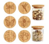 CRASPIRE Coperchi in Legno di bambù per Vasetti di Yogurt Adatti A 2" Bee Paw Cat Butterfly Canning Tappi Decorativi in Legno Naturale Riutilizzabili con Anelli in Silicone Ermetici 6 Pezzi Set