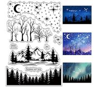 CRASPIRE Foresta Montagna Scenario Timbro in Gomma Trasparente Stella Luna Pino Albero Vintage Guarnizioni in Silicone Trasparenti Timbro retrò per Creazione di Biglietti per Journaling Fai da Te