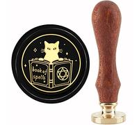 CRASPIRE Gatto Timbro di Cera Lettura Libro Magico Timbri di Ceralacca Sigilli in Rame 30mm Testa di Timbro in Ottone Rimovibile Retro con Manico in Legno per Laurea Buste Inviti Carte Regalo