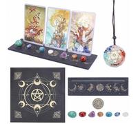 CRASPIRE Kit Tarocchi Porta Carte Tarocchi In Legno con Tovaglia Da Altare, 7 collana con Ciondolo Chakra, Pietra Preziosa, 12Pcs Challenge Coin Witch Divination Tools Accessori per Carte Dei Tarocchi