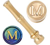 CRASPIRE M Timbro Sigillo di Cera Alfabeto Timbri Ceralacca 15mm Metallo Dorato Ottone Retro Vintage Lettera Iniziale Mini Timbro con Manico in bambù per Biglietti del Ringraziamento Busta Inviti