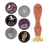 CRASPIRE Set di Timbri di Sigillo di Cera di Halloween 6 pz Teste di Timbro di Sigillo in Ottone con Manico in Legno Kit Rimovibile Corvo Teschio Pipistrello Ragnatela Zucca Gatto Fantasma Scheletro