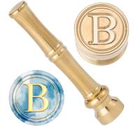 CRASPIRE Timbro con Sigillo in Ceralacca con Lettera B Alfabeto 15mm in Metallo Dorato in Ottone retrò Vintage Mini Timbro Iniziale con Manico in bambù per Biglietti del Ringraziamento Buste Inviti