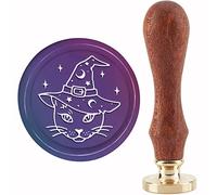 CRASPIRE Timbro Sigillo di Cera Gatto Magico Halloween Timbri Ceralacca Cappello da Strega 30mm Retro Vintage Rimovibile Testa di Timbro in Ottone con Manico in Legno per Inviti di Nozze Confezione