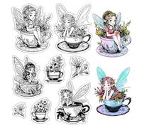 CRASPIRE Timbro Trasparente con Fiore di Fata Timbro in Silicone Trasparente retrò Vintage Carino Cartone Animato Fata Fanciulla Tazza Sigilli Fogli per Fai da Te Fatto A Mano Diario Scrapbooking